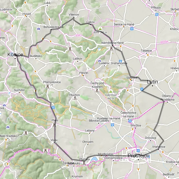 Miniaturní mapa "Cyklotrasa Konice - Stichovice" inspirace pro cyklisty v oblasti Střední Morava, Czech Republic. Vytvořeno pomocí plánovače tras Tarmacs.app