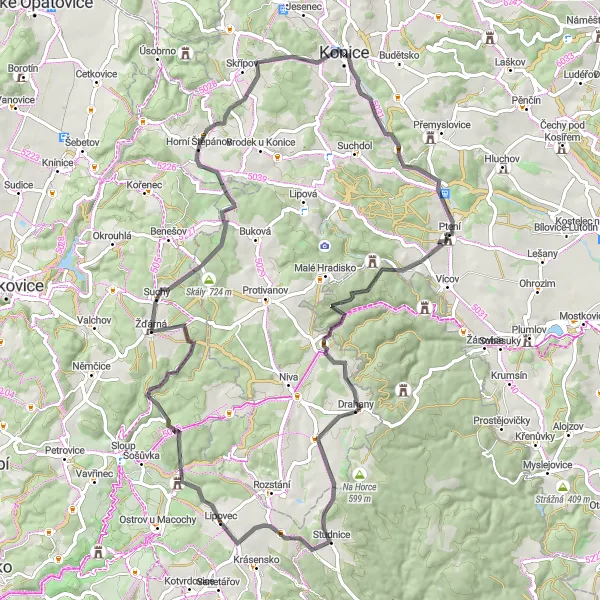 Karten-Miniaturansicht der Radinspiration "Road-Bike-Route um Konice" in Střední Morava, Czech Republic. Erstellt vom Tarmacs.app-Routenplaner für Radtouren