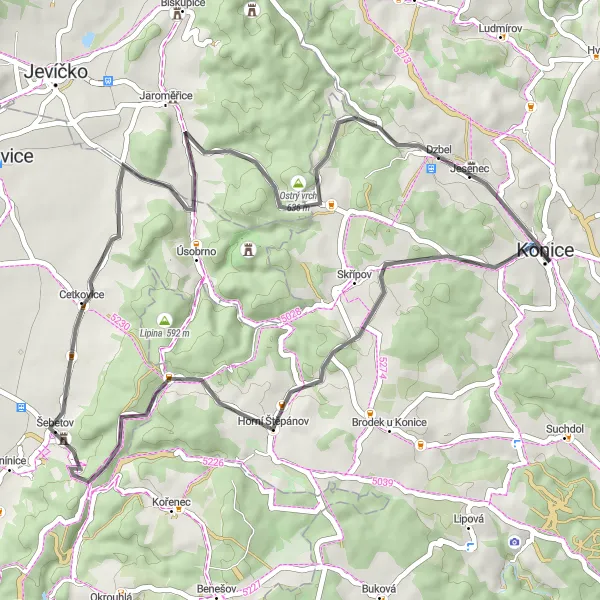 Miniaturní mapa "Okolo Konice: Na hutích až k Dzbelu" inspirace pro cyklisty v oblasti Střední Morava, Czech Republic. Vytvořeno pomocí plánovače tras Tarmacs.app
