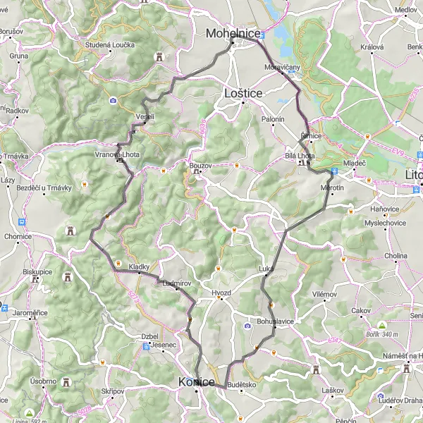 Karten-Miniaturansicht der Radinspiration "Herausfordernde Radtour rund um Konice" in Střední Morava, Czech Republic. Erstellt vom Tarmacs.app-Routenplaner für Radtouren
