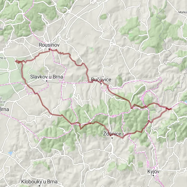 Mapa miniatúra "Zelenou krajinou do Koryčan na gravelu" cyklistická inšpirácia v Střední Morava, Czech Republic. Vygenerované cyklistickým plánovačom trás Tarmacs.app