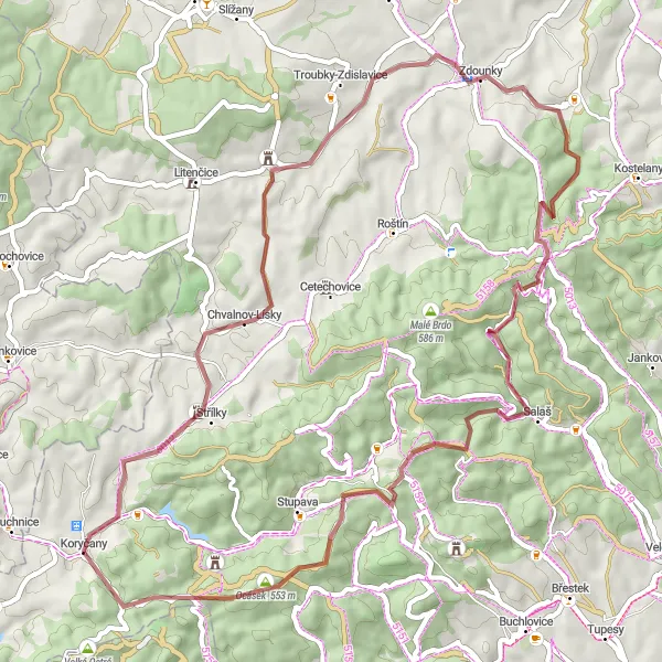 Map miniature of "Koryčany Gravel Adventure" cycling inspiration in Střední Morava, Czech Republic. Generated by Tarmacs.app cycling route planner