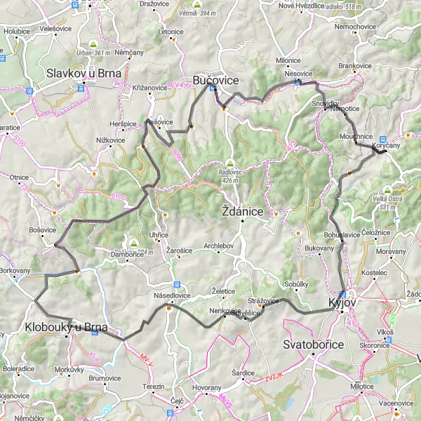 Map miniature of "Střední Morava Cycling Journey" cycling inspiration in Střední Morava, Czech Republic. Generated by Tarmacs.app cycling route planner