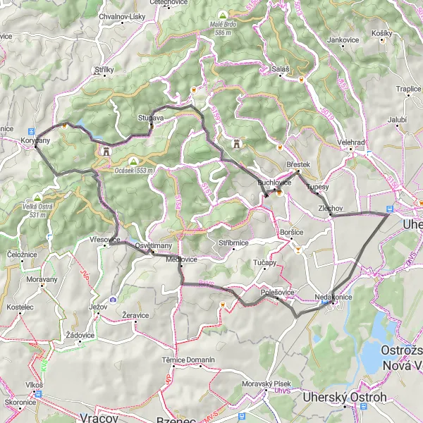 Miniaturní mapa "Okruh kolem Koryčan" inspirace pro cyklisty v oblasti Střední Morava, Czech Republic. Vytvořeno pomocí plánovače tras Tarmacs.app