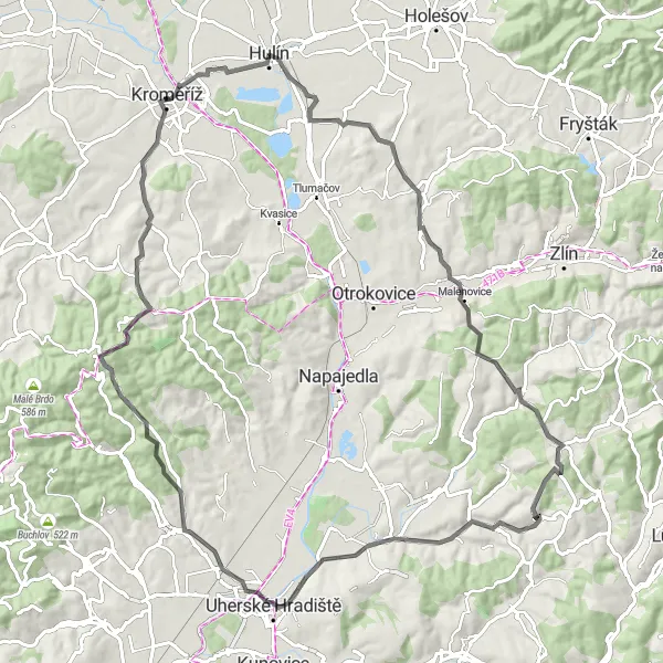 Map miniature of "Zlín Highlands Road Adventure" cycling inspiration in Střední Morava, Czech Republic. Generated by Tarmacs.app cycling route planner