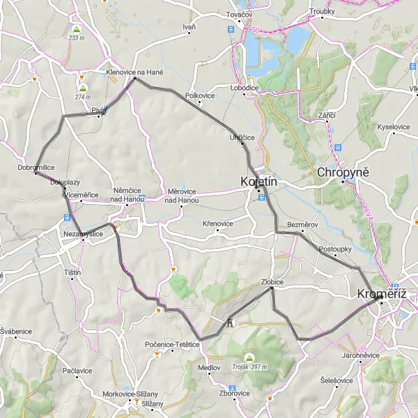 Mapa miniatúra "Road trasa přes Čížová a Uhřičice" cyklistická inšpirácia v Střední Morava, Czech Republic. Vygenerované cyklistickým plánovačom trás Tarmacs.app