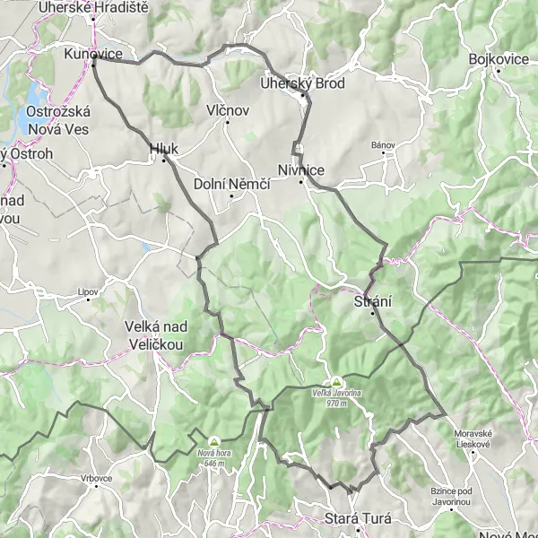 Miniaturní mapa "Okruh kolem Malešova" inspirace pro cyklisty v oblasti Střední Morava, Czech Republic. Vytvořeno pomocí plánovače tras Tarmacs.app