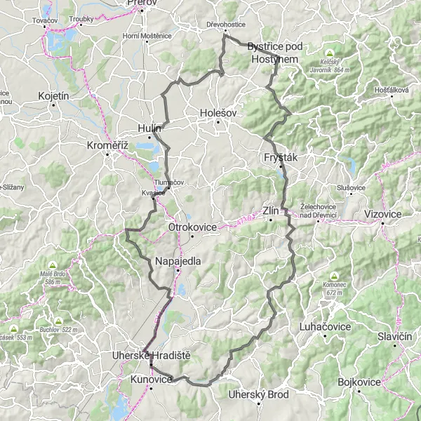 Miniaturní mapa "Okruh na kole kolem Kunovic" inspirace pro cyklisty v oblasti Střední Morava, Czech Republic. Vytvořeno pomocí plánovače tras Tarmacs.app