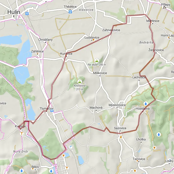 Miniaturní mapa "Gravel okruh kolem Kvasic" inspirace pro cyklisty v oblasti Střední Morava, Czech Republic. Vytvořeno pomocí plánovače tras Tarmacs.app