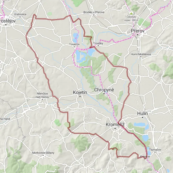 Miniaturní mapa "Gravelový výlet kolem Kvasic" inspirace pro cyklisty v oblasti Střední Morava, Czech Republic. Vytvořeno pomocí plánovače tras Tarmacs.app