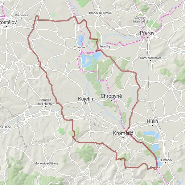 Mapa miniatúra "Gravelová cesta cez moravskú krajinu" cyklistická inšpirácia v Střední Morava, Czech Republic. Vygenerované cyklistickým plánovačom trás Tarmacs.app