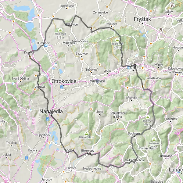 Map miniature of "Hilly Adventure through Střední Morava" cycling inspiration in Střední Morava, Czech Republic. Generated by Tarmacs.app cycling route planner