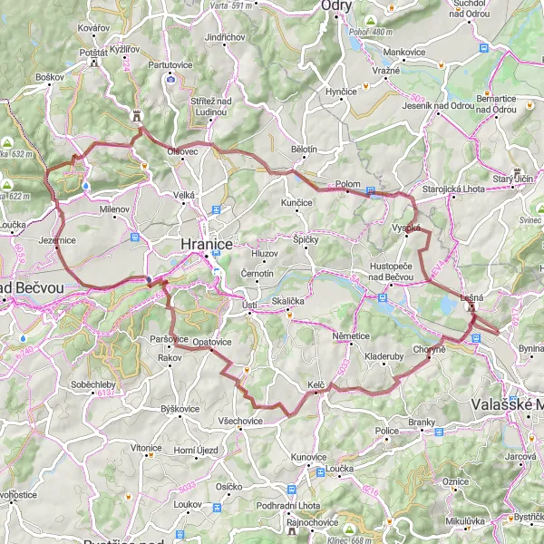 Miniaturní mapa "Choryňská stráž - Choryně - Kelč - Křivý - Vyhlídka - Radíkov - Moravská brána - Dub - Lešná (gravel)" inspirace pro cyklisty v oblasti Střední Morava, Czech Republic. Vytvořeno pomocí plánovače tras Tarmacs.app