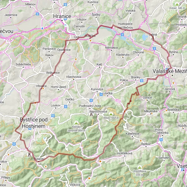 Map miniature of "Off the Beaten Path" cycling inspiration in Střední Morava, Czech Republic. Generated by Tarmacs.app cycling route planner