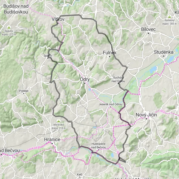 Miniaturní mapa "Jindřichovský okruh" inspirace pro cyklisty v oblasti Střední Morava, Czech Republic. Vytvořeno pomocí plánovače tras Tarmacs.app