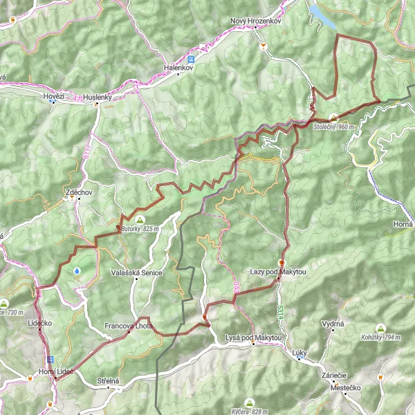 Miniaturní mapa "Gravelová cyklotrasa Lidečko - Francova Lhota" inspirace pro cyklisty v oblasti Střední Morava, Czech Republic. Vytvořeno pomocí plánovače tras Tarmacs.app