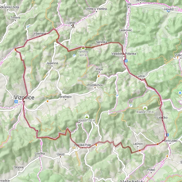Miniaturní mapa "Gravel okolím Lidečka" inspirace pro cyklisty v oblasti Střední Morava, Czech Republic. Vytvořeno pomocí plánovače tras Tarmacs.app