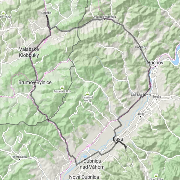 Map miniature of "Kopanica Adventure" cycling inspiration in Střední Morava, Czech Republic. Generated by Tarmacs.app cycling route planner