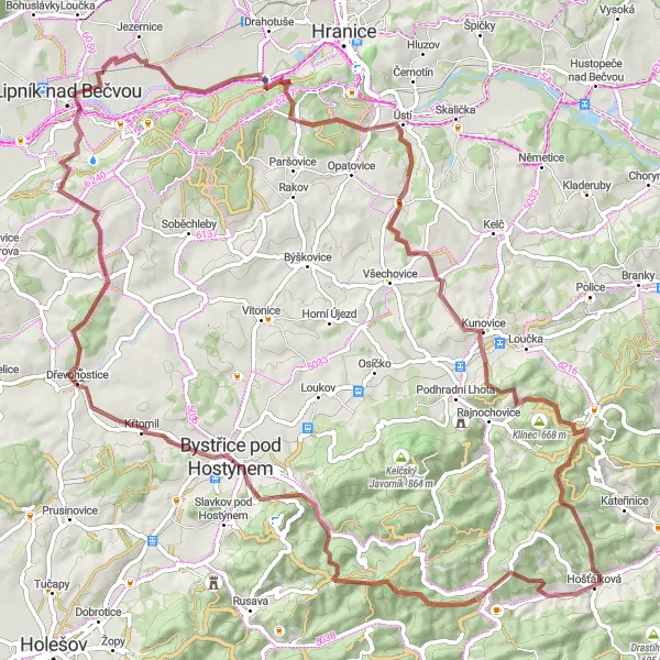 Miniaturní mapa "Gravel okolo Kunovické hůrky" inspirace pro cyklisty v oblasti Střední Morava, Czech Republic. Vytvořeno pomocí plánovače tras Tarmacs.app