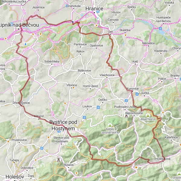 Map miniature of "Gravel Adventure in Moravia" cycling inspiration in Střední Morava, Czech Republic. Generated by Tarmacs.app cycling route planner