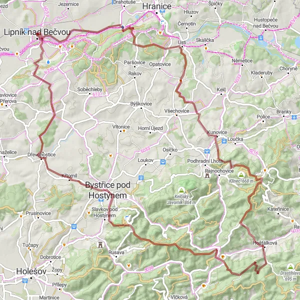 Mapa miniatúra "Gravelová adrenalínová trasa Strední Morava" cyklistická inšpirácia v Střední Morava, Czech Republic. Vygenerované cyklistickým plánovačom trás Tarmacs.app