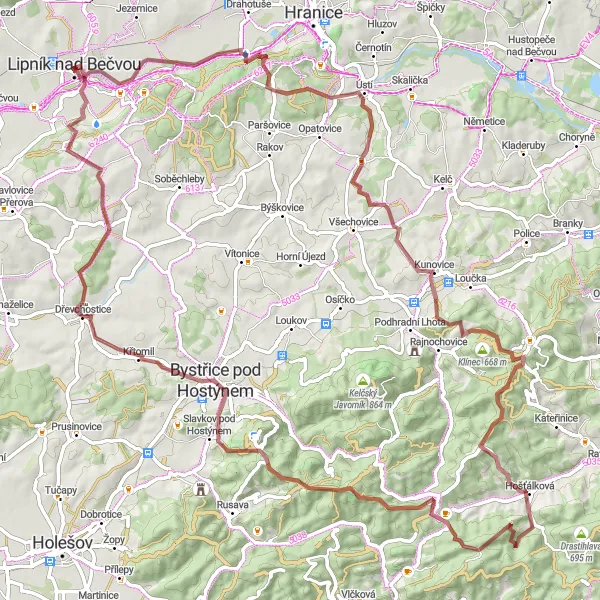 Miniaturní mapa "Gravelový okruh přes Malhotice a Hošťálkovou" inspirace pro cyklisty v oblasti Střední Morava, Czech Republic. Vytvořeno pomocí plánovače tras Tarmacs.app