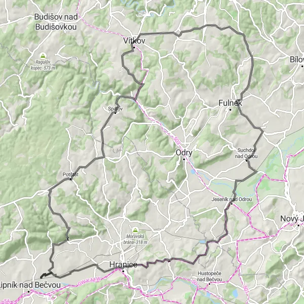 Miniaturní mapa "Okruh kolem Lipníka nad Bečvou a okolí" inspirace pro cyklisty v oblasti Střední Morava, Czech Republic. Vytvořeno pomocí plánovače tras Tarmacs.app