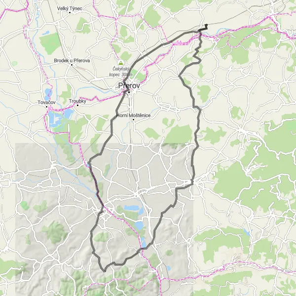 Mapa miniatúra "Historická jazda Strední Morava" cyklistická inšpirácia v Střední Morava, Czech Republic. Vygenerované cyklistickým plánovačom trás Tarmacs.app