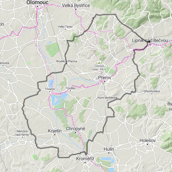 Map miniature of "Haná Countryside Adventure" cycling inspiration in Střední Morava, Czech Republic. Generated by Tarmacs.app cycling route planner