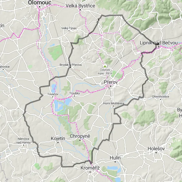 Mapa miniatúra "Kolo po okolí Lipníka nad Bečvou" cyklistická inšpirácia v Střední Morava, Czech Republic. Vygenerované cyklistickým plánovačom trás Tarmacs.app