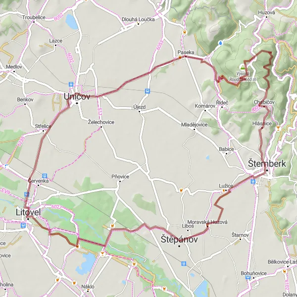 Mapa miniatúra "Obratná gravel trasa" cyklistická inšpirácia v Střední Morava, Czech Republic. Vygenerované cyklistickým plánovačom trás Tarmacs.app