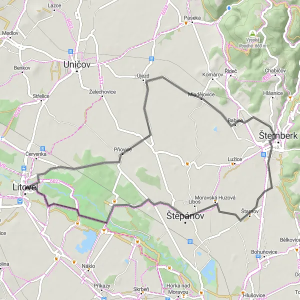 Mapa miniatúra "Okolím Litovle" cyklistická inšpirácia v Střední Morava, Czech Republic. Vygenerované cyklistickým plánovačom trás Tarmacs.app