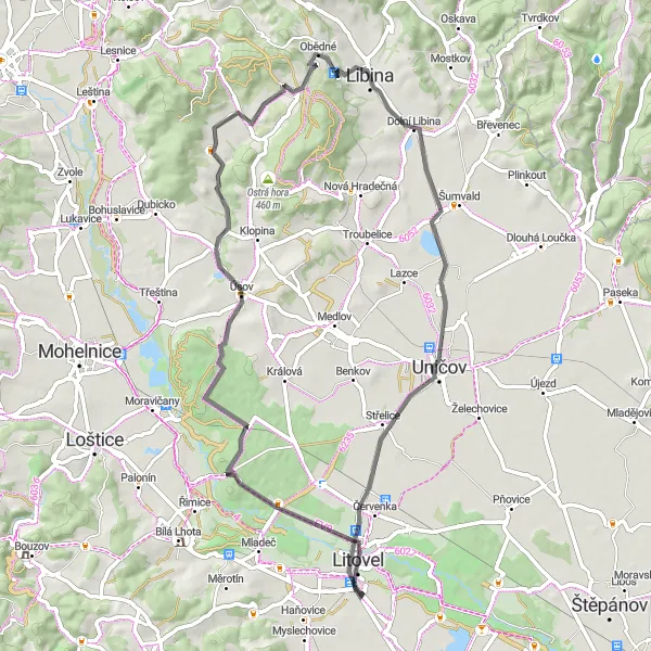 Mapa miniatúra "Krajom Litovelské Pomoraví" cyklistická inšpirácia v Střední Morava, Czech Republic. Vygenerované cyklistickým plánovačom trás Tarmacs.app