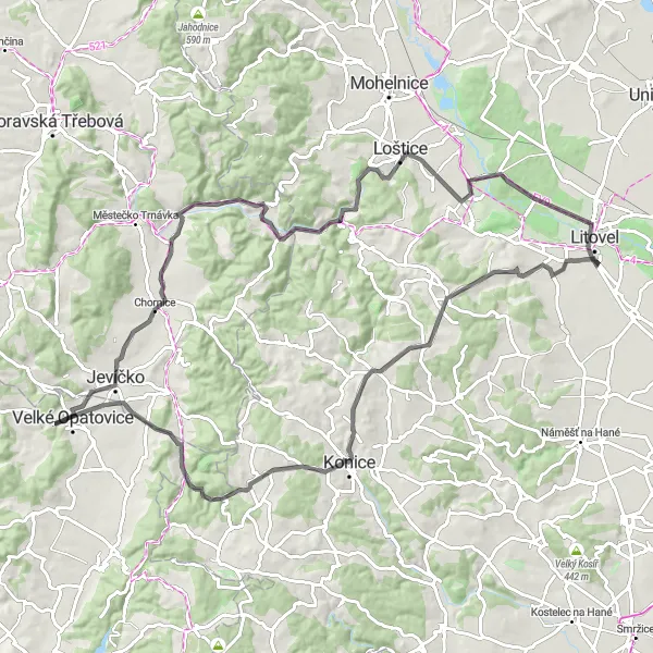 Miniaturní mapa "Cesta skrze památky" inspirace pro cyklisty v oblasti Střední Morava, Czech Republic. Vytvořeno pomocí plánovače tras Tarmacs.app