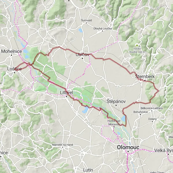 Miniaturní mapa "Gravelová trasa kolem Šternberka" inspirace pro cyklisty v oblasti Střední Morava, Czech Republic. Vytvořeno pomocí plánovače tras Tarmacs.app