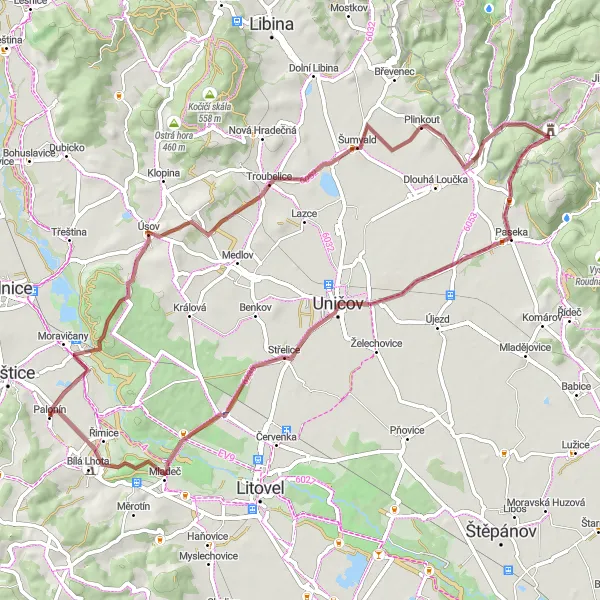 Miniaturní mapa "Gravelová trasa Loštice - Uničov - Loštice" inspirace pro cyklisty v oblasti Střední Morava, Czech Republic. Vytvořeno pomocí plánovače tras Tarmacs.app