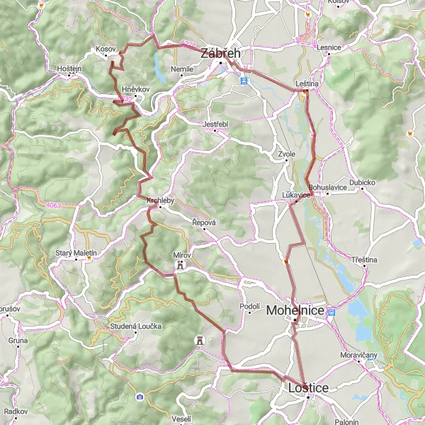 Mapa miniatúra "Gravel Líšnice - Loštice cez Hora" cyklistická inšpirácia v Střední Morava, Czech Republic. Vygenerované cyklistickým plánovačom trás Tarmacs.app