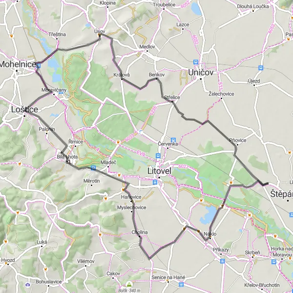 Map miniature of "Loštice - Úsov - Benkovský kopec - Renoty - Lhota nad Moravou - Cholina - Třesín - Loštice" cycling inspiration in Střední Morava, Czech Republic. Generated by Tarmacs.app cycling route planner