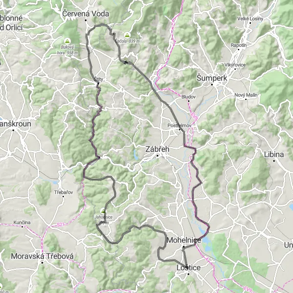 Miniaturní mapa "Cyklistická trasa Loštice - Štíty - Loštice" inspirace pro cyklisty v oblasti Střední Morava, Czech Republic. Vytvořeno pomocí plánovače tras Tarmacs.app
