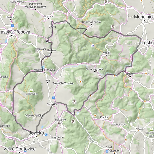 Karten-Miniaturansicht der Radinspiration "Herausfordernde Berge und malerische Dörfer" in Střední Morava, Czech Republic. Erstellt vom Tarmacs.app-Routenplaner für Radtouren