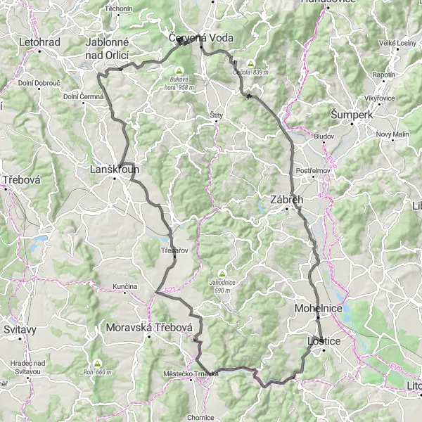 Map miniature of "Loštice - Jeřmaň - Člupek - Radkovské hradisko - Dětřichov u Moravské Třebové - Sázava - Horní Čermná - Bulík - Červená Voda - Dvorský vrch - Bušín - Rájec - Loštice" cycling inspiration in Střední Morava, Czech Republic. Generated by Tarmacs.app cycling route planner