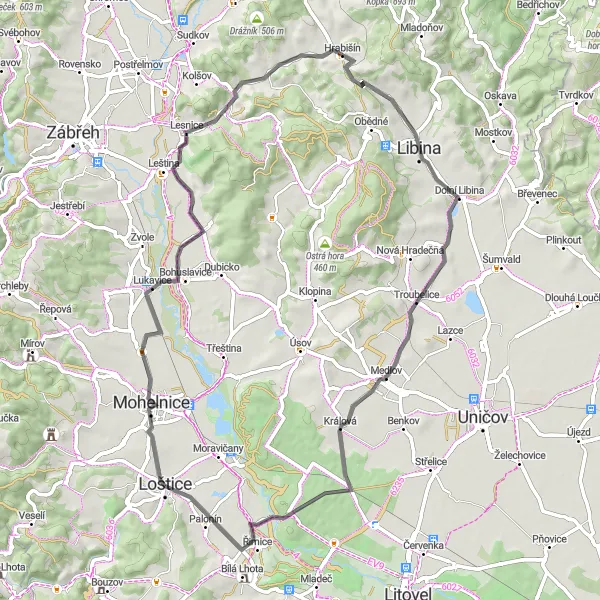 Mapa miniatúra "Okruh kolem Loštic" cyklistická inšpirácia v Střední Morava, Czech Republic. Vygenerované cyklistickým plánovačom trás Tarmacs.app