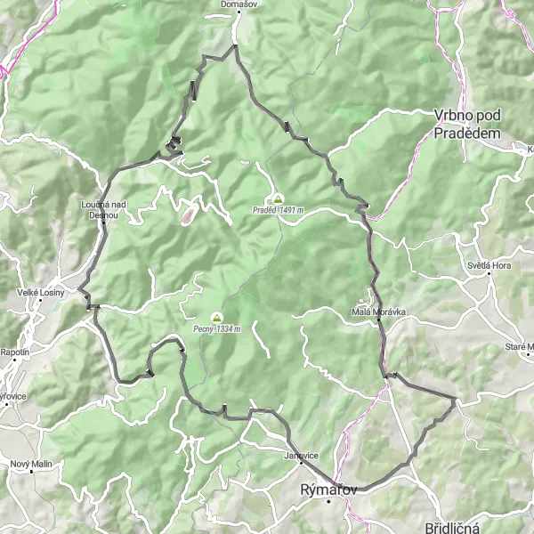Map miniature of "Forest Adventure Ride" cycling inspiration in Střední Morava, Czech Republic. Generated by Tarmacs.app cycling route planner