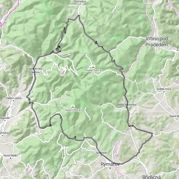 Mapa miniatúra "Cyklotrasa cez Červenohorské sedlo" cyklistická inšpirácia v Střední Morava, Czech Republic. Vygenerované cyklistickým plánovačom trás Tarmacs.app