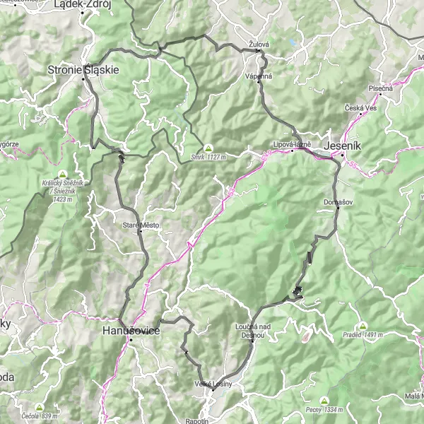 Miniaturní mapa "Cyklotrasa Loučná nad Desnou - Střední Morava" inspirace pro cyklisty v oblasti Střední Morava, Czech Republic. Vytvořeno pomocí plánovače tras Tarmacs.app