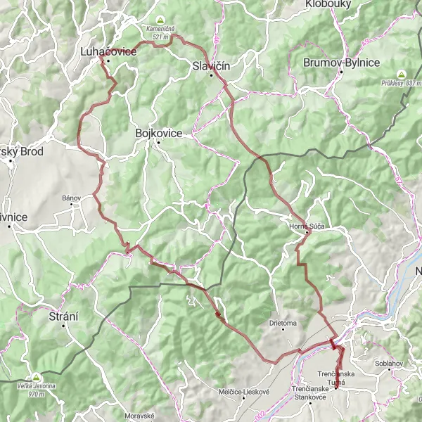 Map miniature of "Into the Wilderness" cycling inspiration in Střední Morava, Czech Republic. Generated by Tarmacs.app cycling route planner