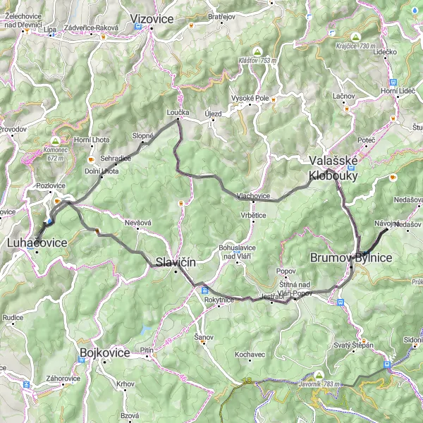 Map miniature of "Scenic Road Adventure" cycling inspiration in Střední Morava, Czech Republic. Generated by Tarmacs.app cycling route planner