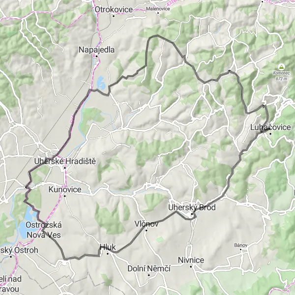 Map miniature of "Luhačovice Road Loop" cycling inspiration in Střední Morava, Czech Republic. Generated by Tarmacs.app cycling route planner