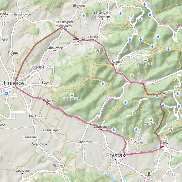 Mapa miniatúra "Gravelová stezka Lukov - Bzová" cyklistická inšpirácia v Střední Morava, Czech Republic. Vygenerované cyklistickým plánovačom trás Tarmacs.app