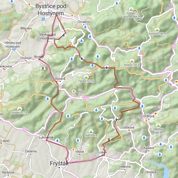 Mapa miniatúra "Gravelová stezka Lukov - Zřícenina hradu Lukov" cyklistická inšpirácia v Střední Morava, Czech Republic. Vygenerované cyklistickým plánovačom trás Tarmacs.app